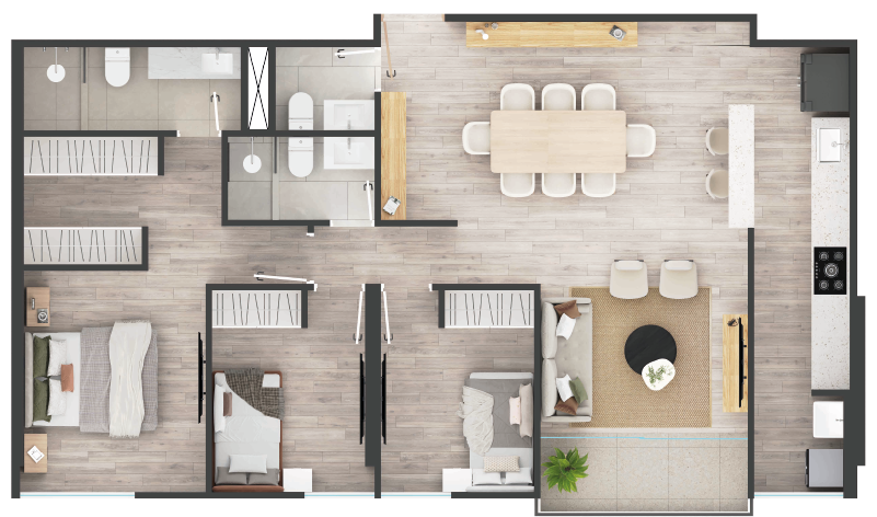 Plano 1+1 dormitorios de 61 m2